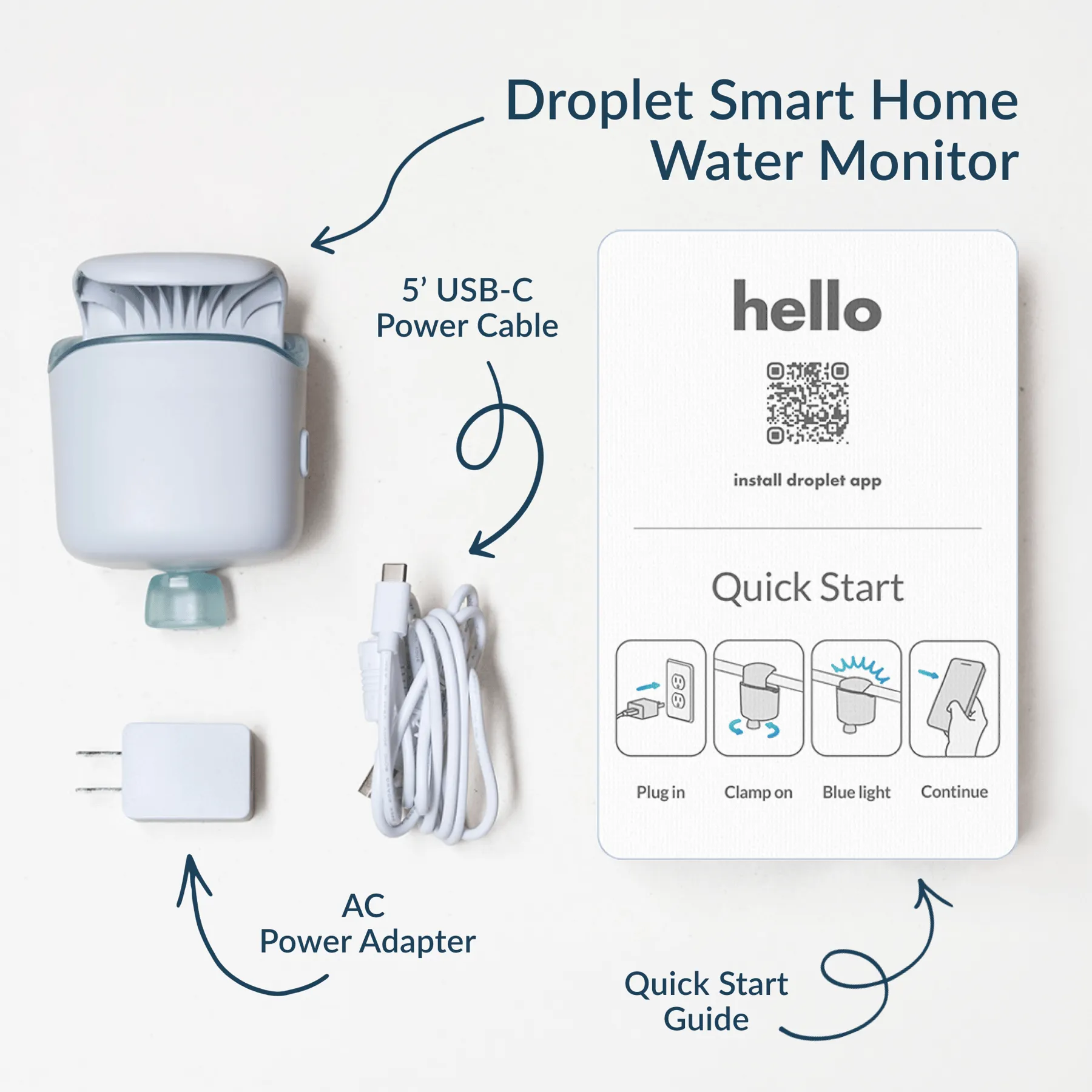 The Droplet Smart Home Water Monitor laid out with its power cable, adapter, and quick start guide.