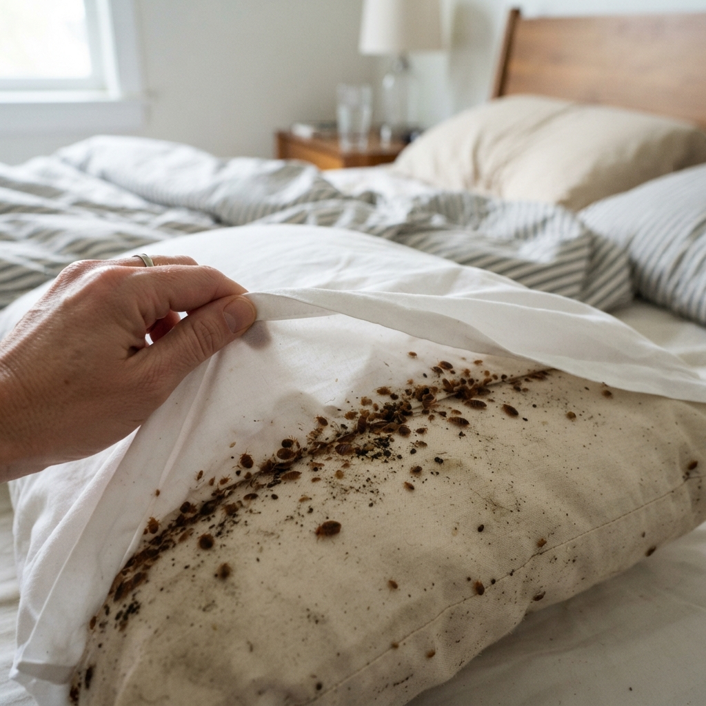 A hand lifts a pillowcase to reveal a severe bed bug infestation on a pillow.