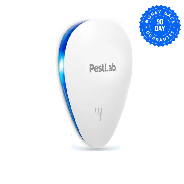 A white, teardrop-shaped PestLab electronic device with a blue light and a 90-day money-back guarantee seal.
