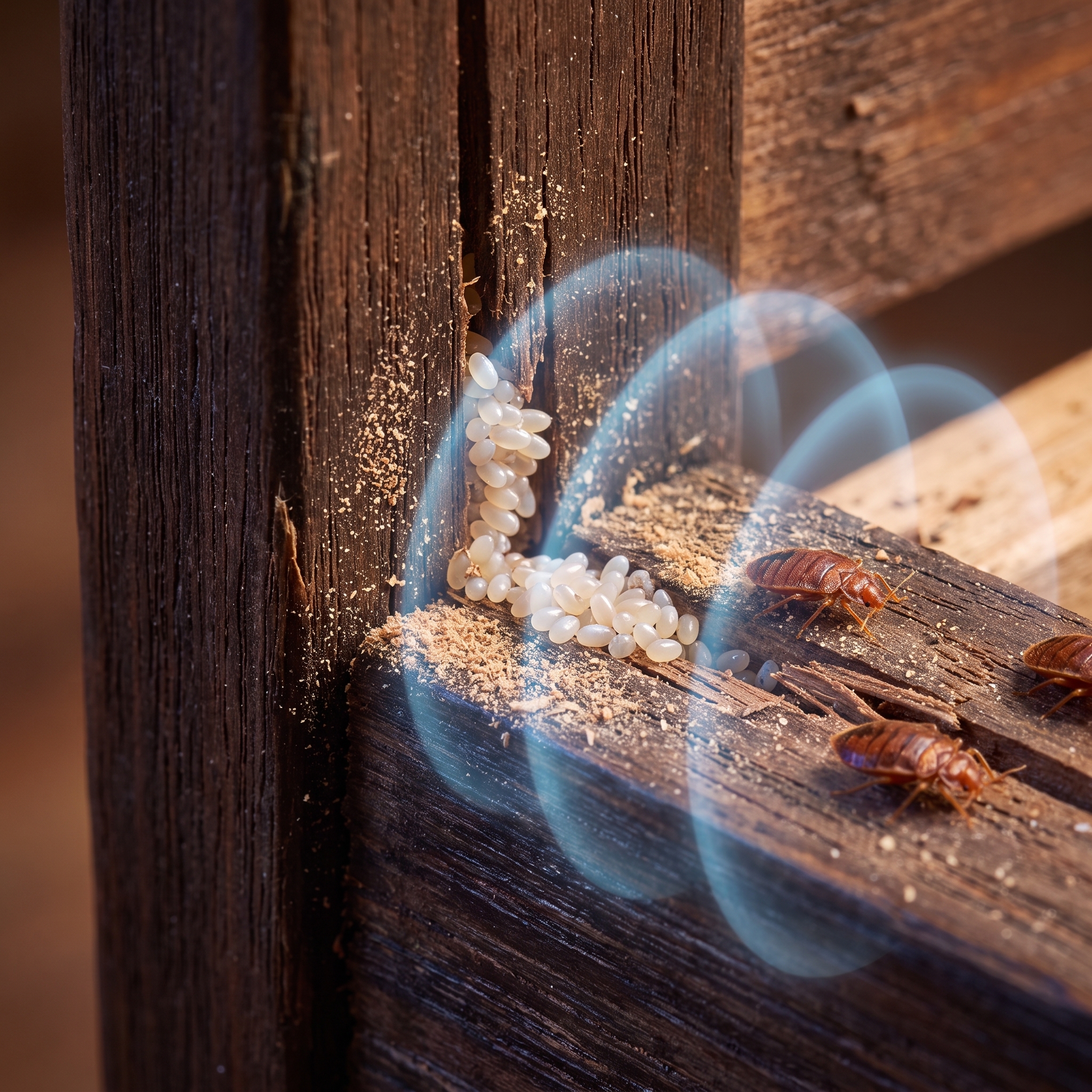 A close-up of bed bugs and their eggs clustered in a crevice of a wooden surface.