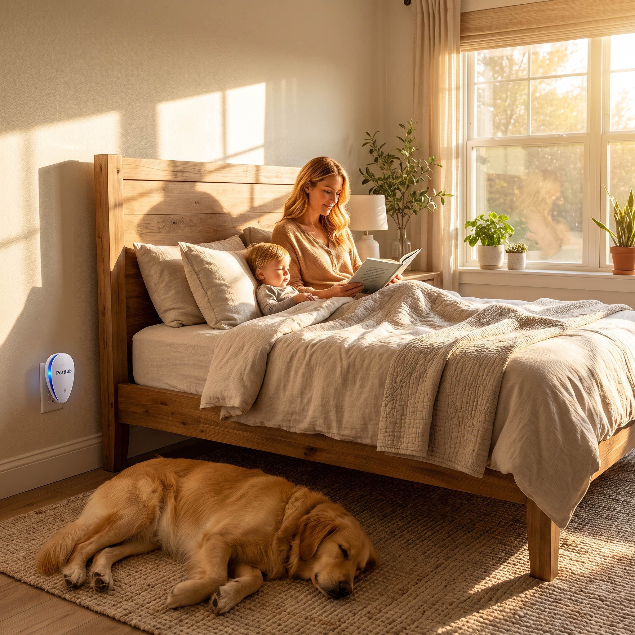 A woman and a child read in a sunlit bed while a golden retriever sleeps on the rug.