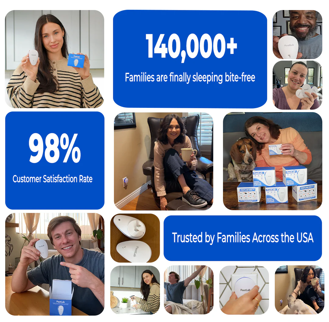 A promotional collage showing people using 'PestLab' plug-in devices, with statistics on customer satisfaction and trust.