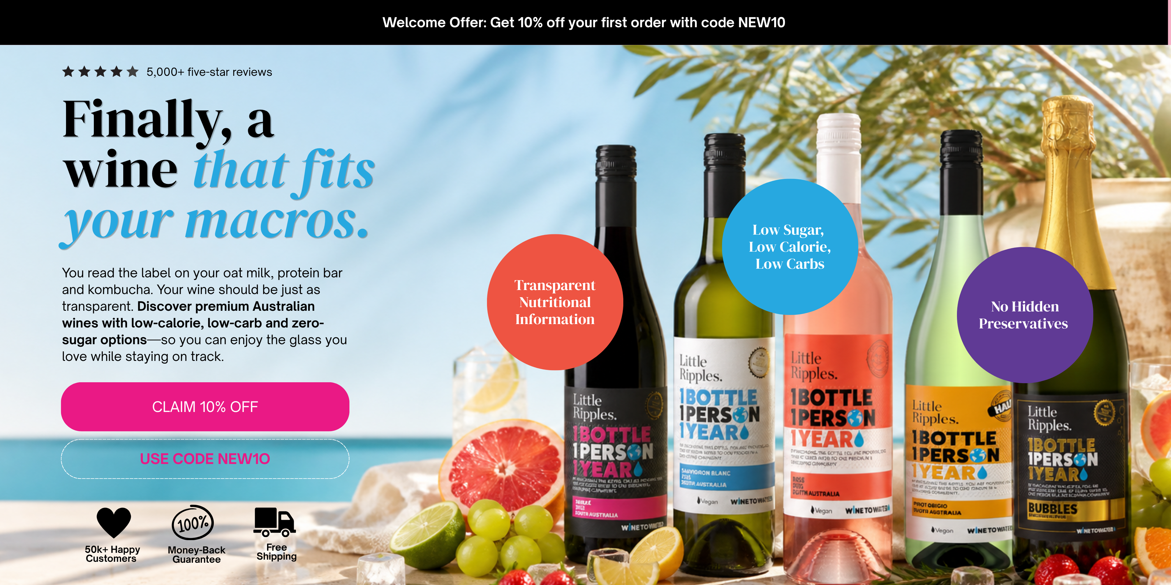 An advertisement for Little Ripples wine featuring several bottles of wine surrounded by fresh fruit and ice.