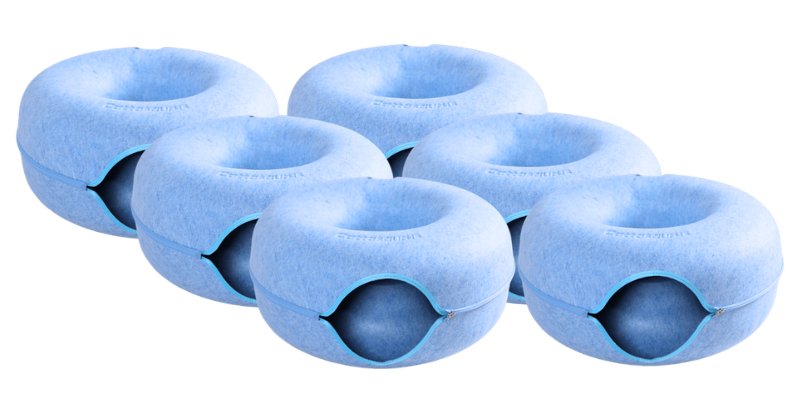 A collection of six light blue, donut-shaped, zippered felt pet beds against a white background.