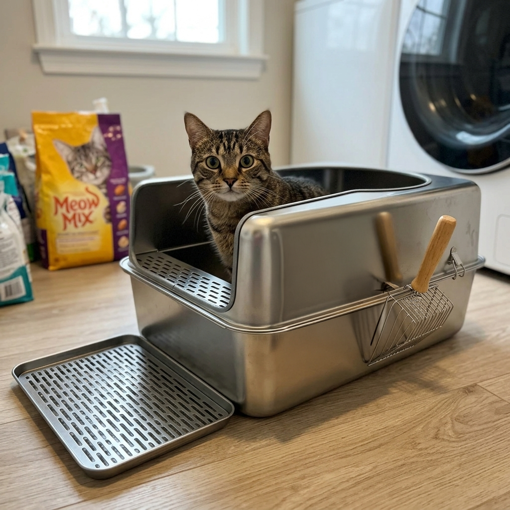 A brown tabby cat sits in a stainless steel litter box on a light wood floor.
