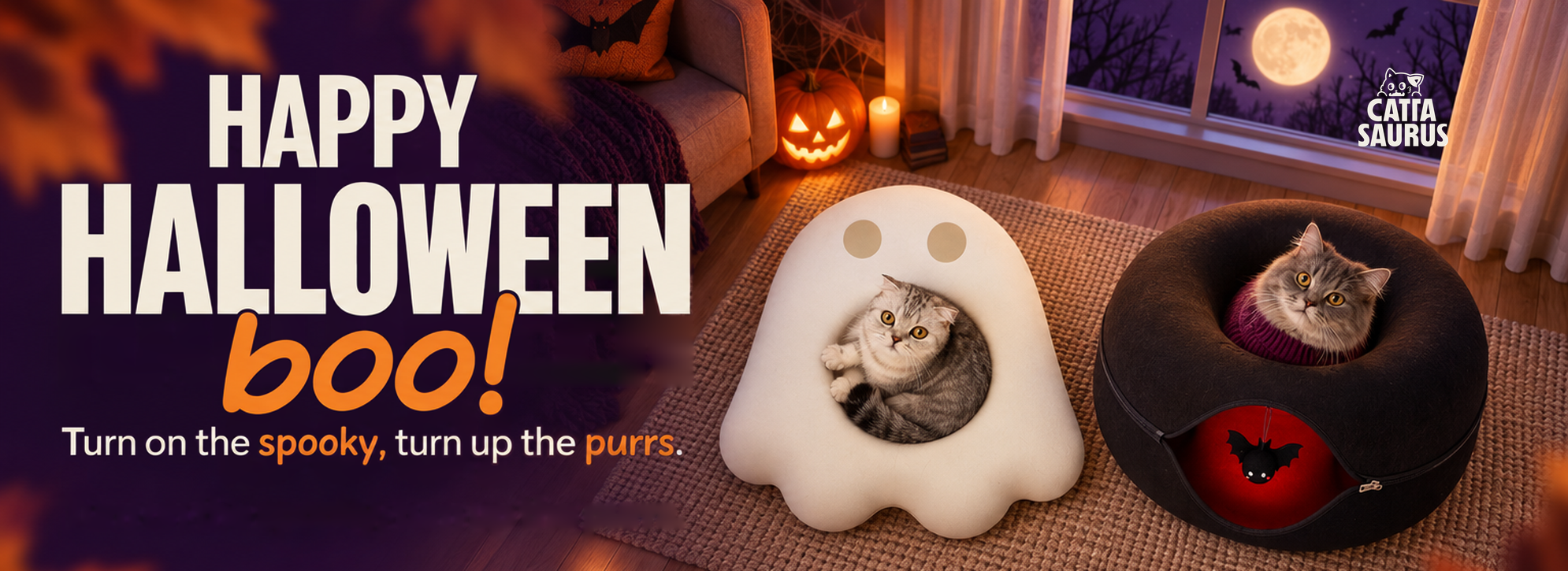 'It's Fall Y'all' promotional banner with a cat being petted on a fluffy bed.