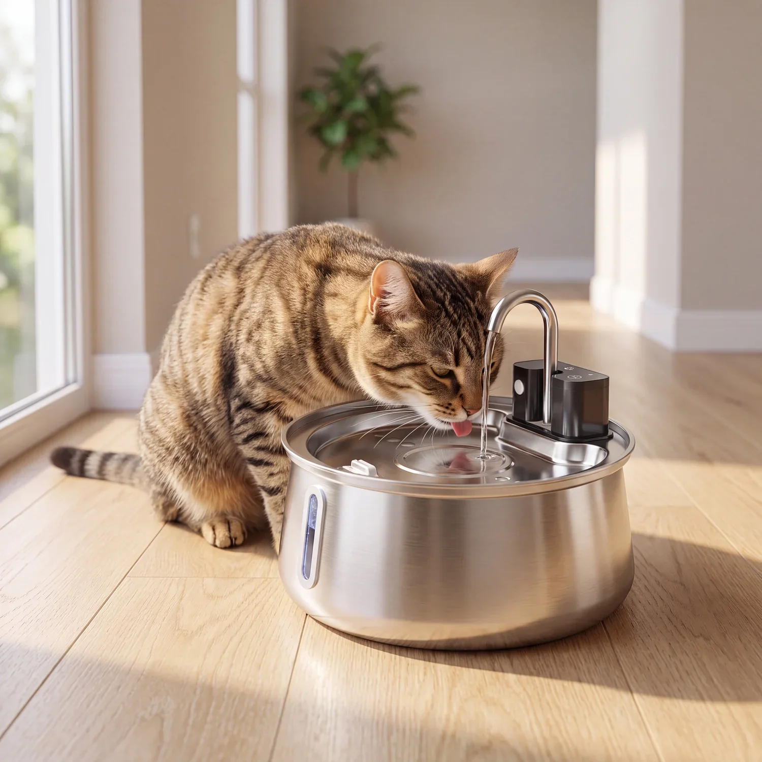 A brown tabby cat drinks from a stainless steel automatic water fountain on a light wood floor.