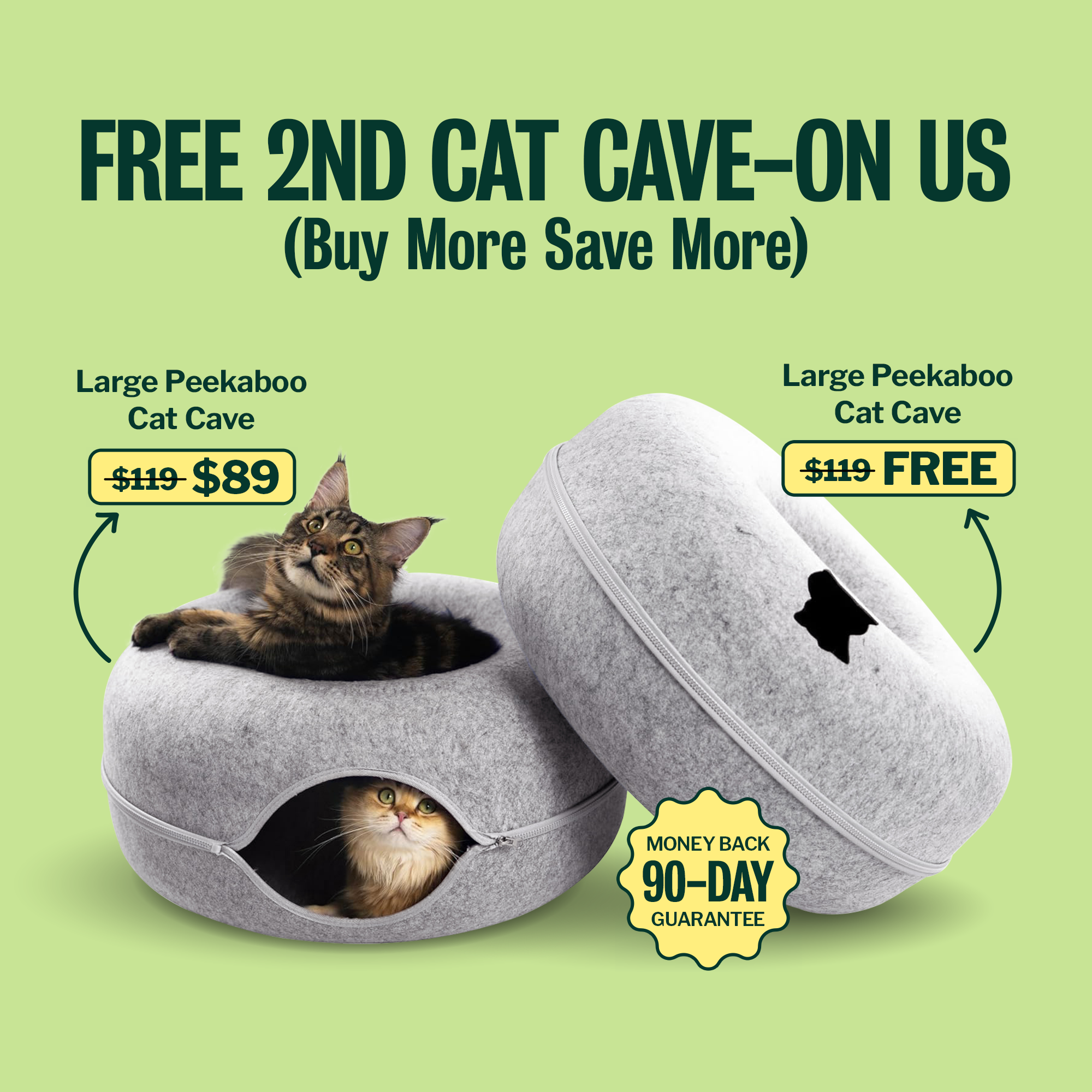 Advertisement for a cat cave showing two cats using the product and a 'buy one get one free' offer.