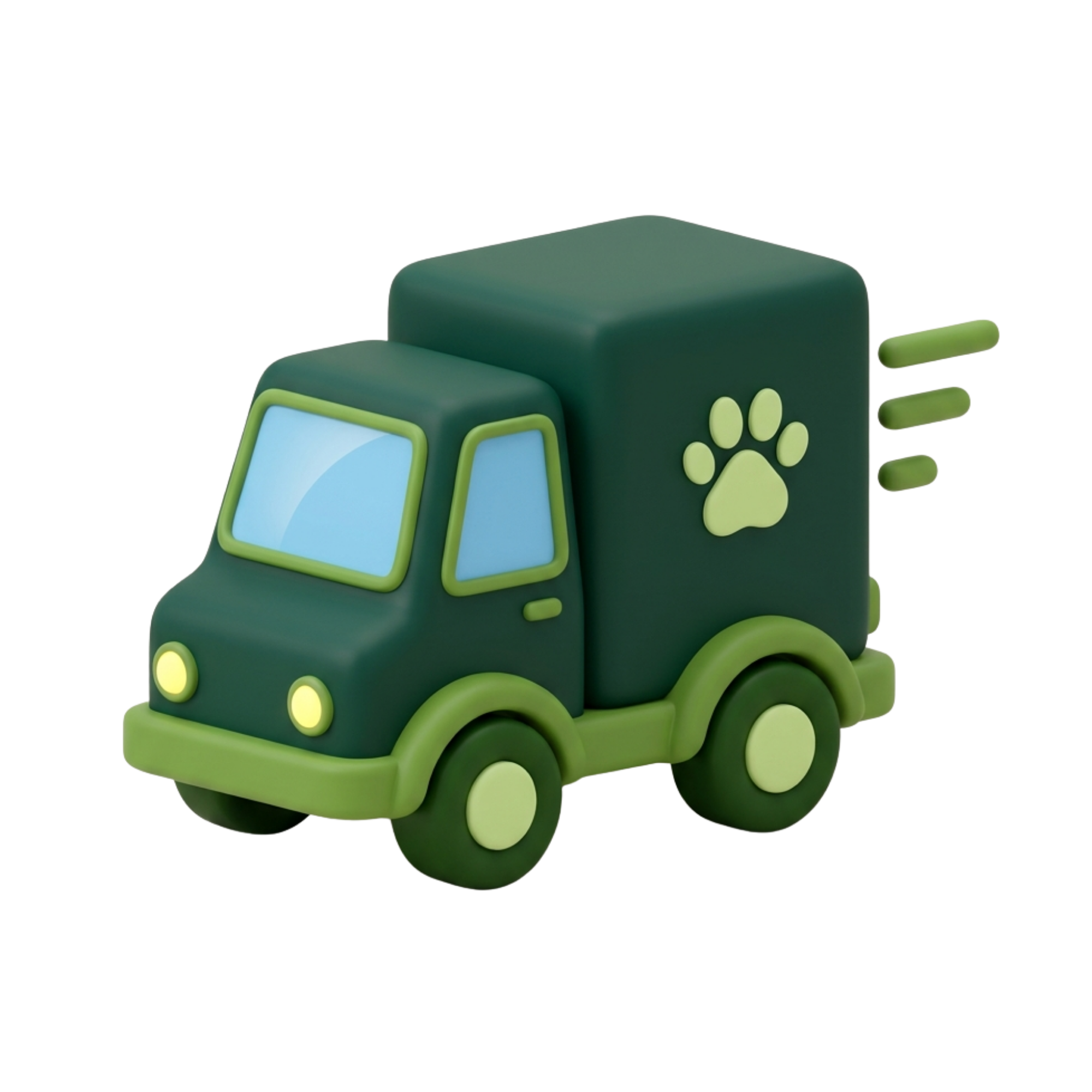 A 3D illustration of a green delivery truck with a light green paw print logo on the side.