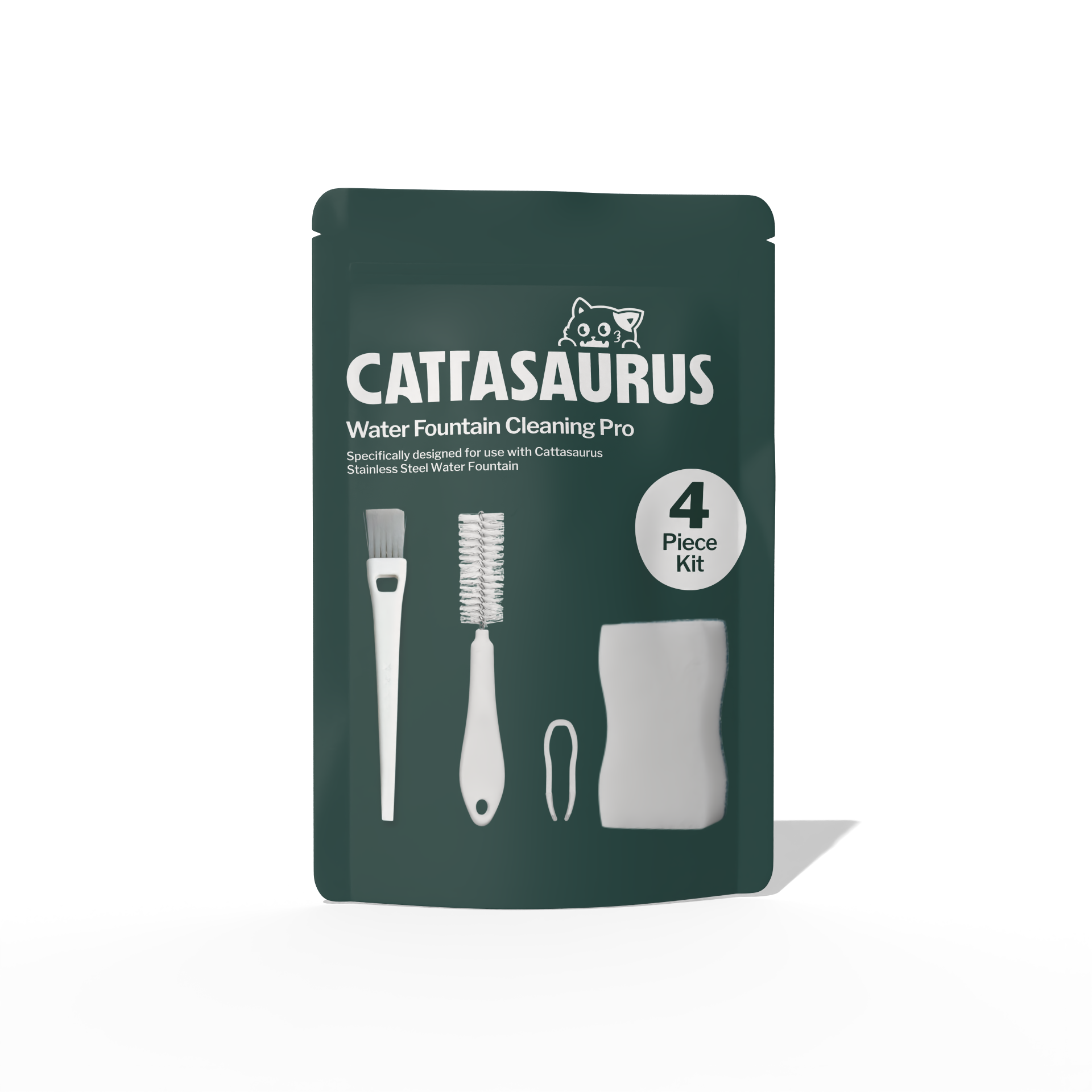 A dark green pouch for the Cattasaurus Water Fountain Cleaning Pro 4-piece kit, shown against a white background.