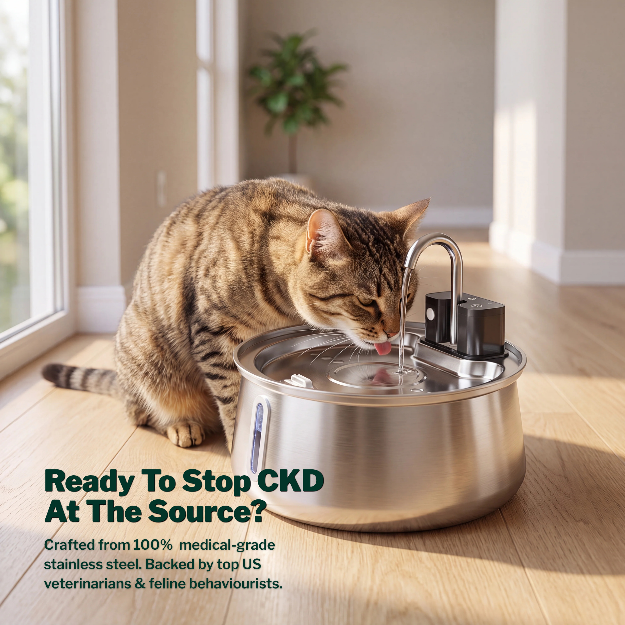 A brown tabby cat drinks from a stainless steel pet water fountain on a wood floor.