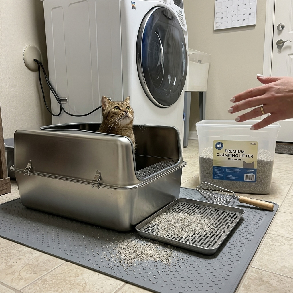 A tabby cat sits in a large stainless steel litter box next to a container of cat litter.