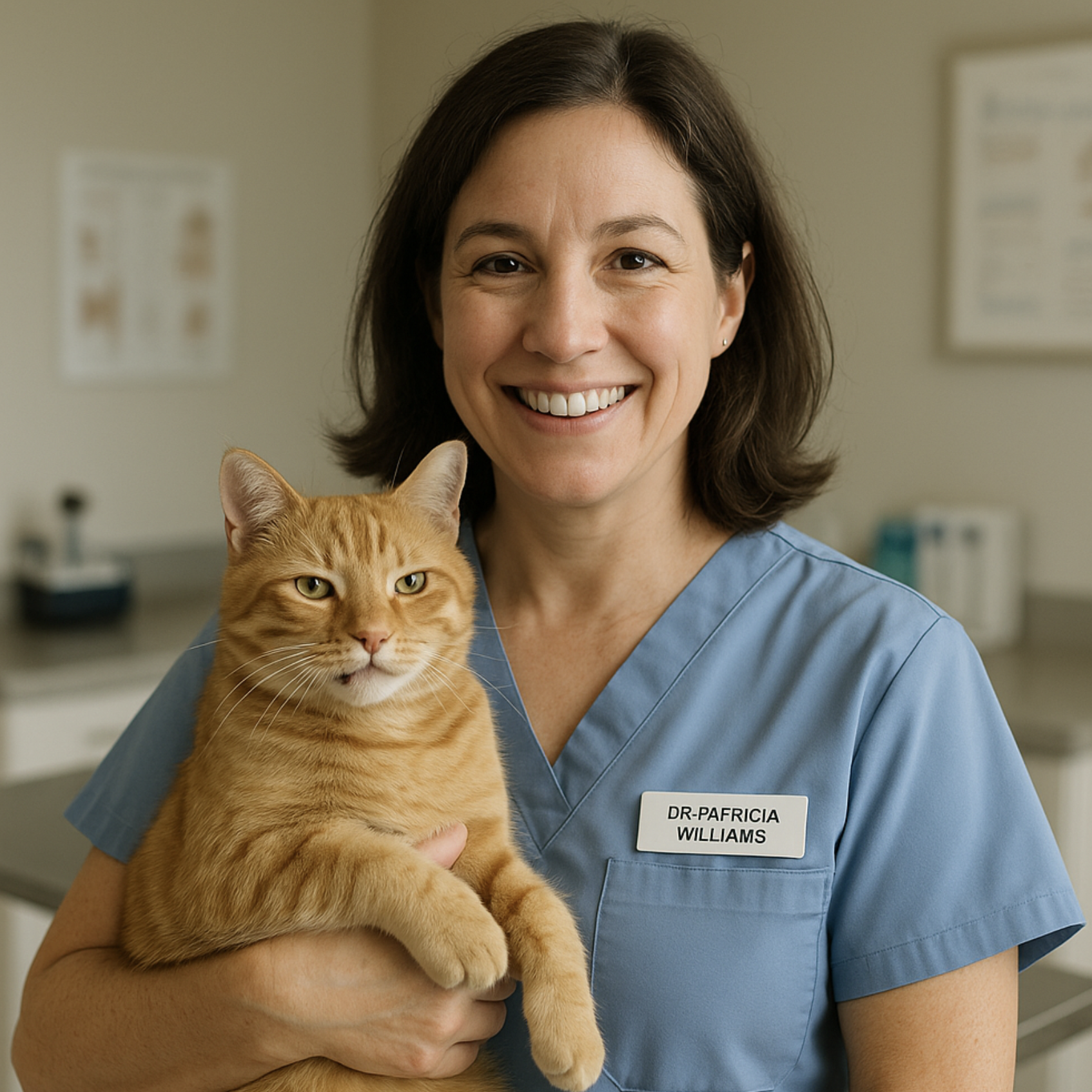 Smiling woman in scrubs holding an orange tabby cat in a veterinary clinic.