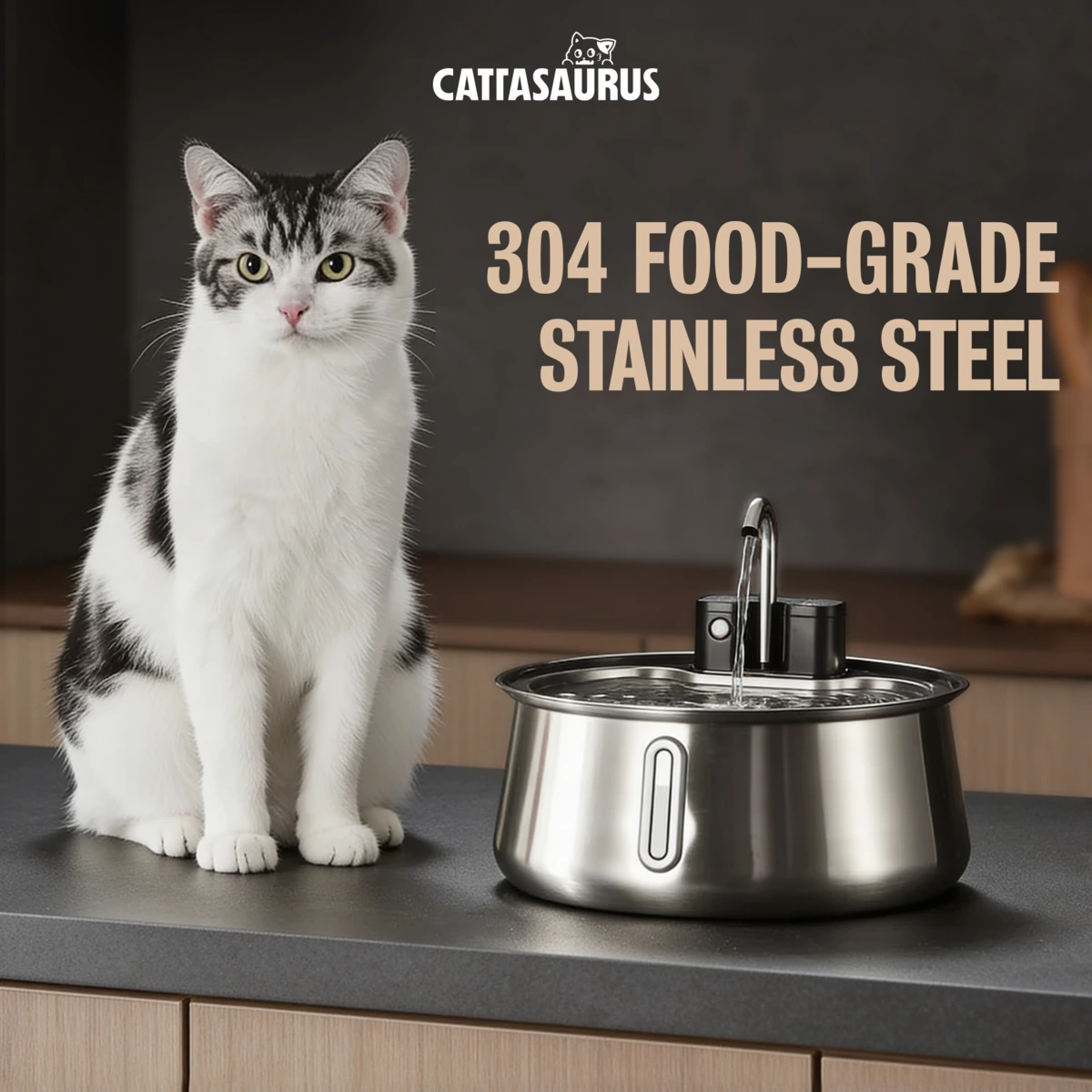 Cat sitting next to a stainless steel pet fountain, grey background.
