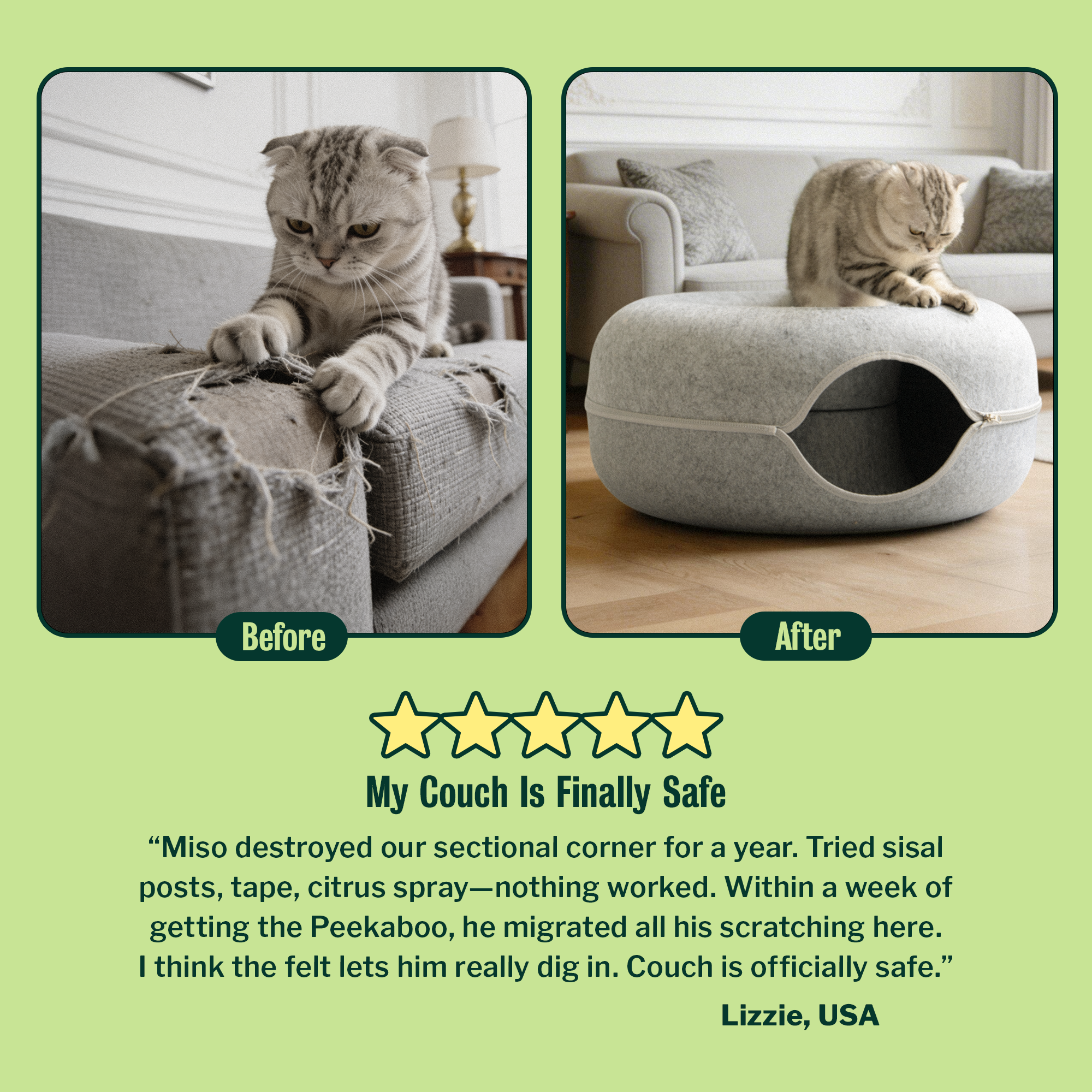 A before-and-after image of a cat scratching a couch, then scratching a felt cat bed instead.