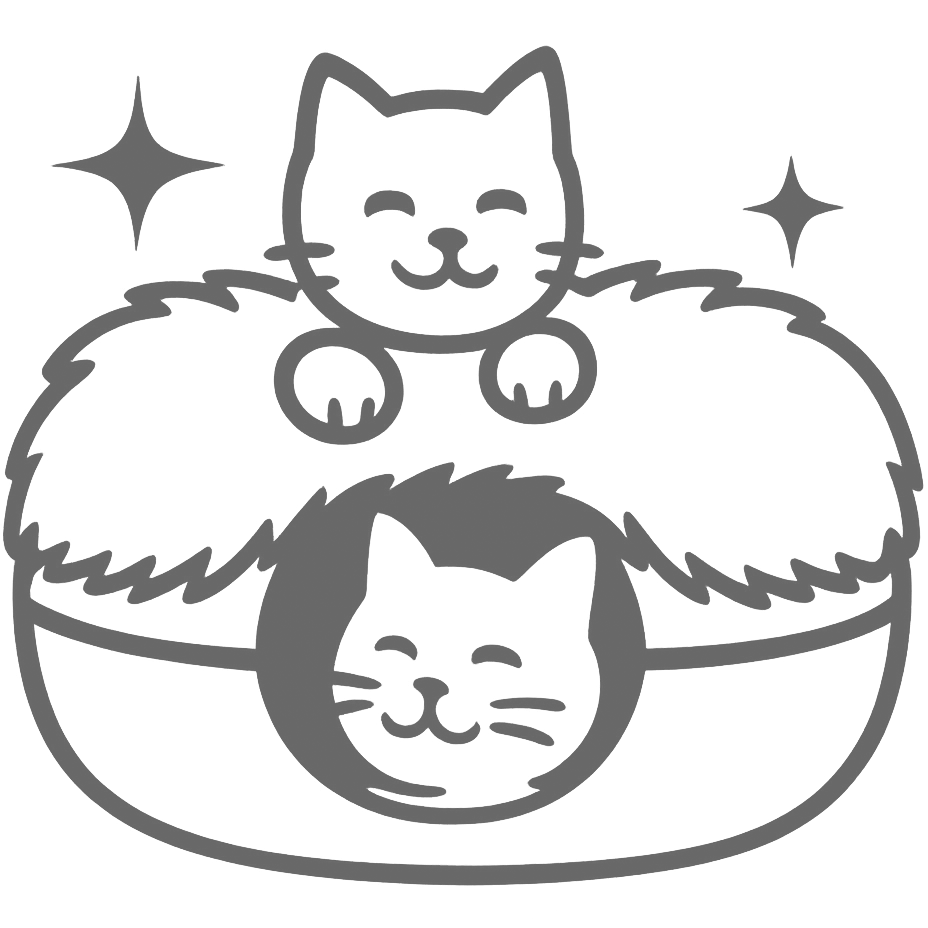 Illustration of two smiling cats, one on top of a fluffy cushion, the other inside it.
