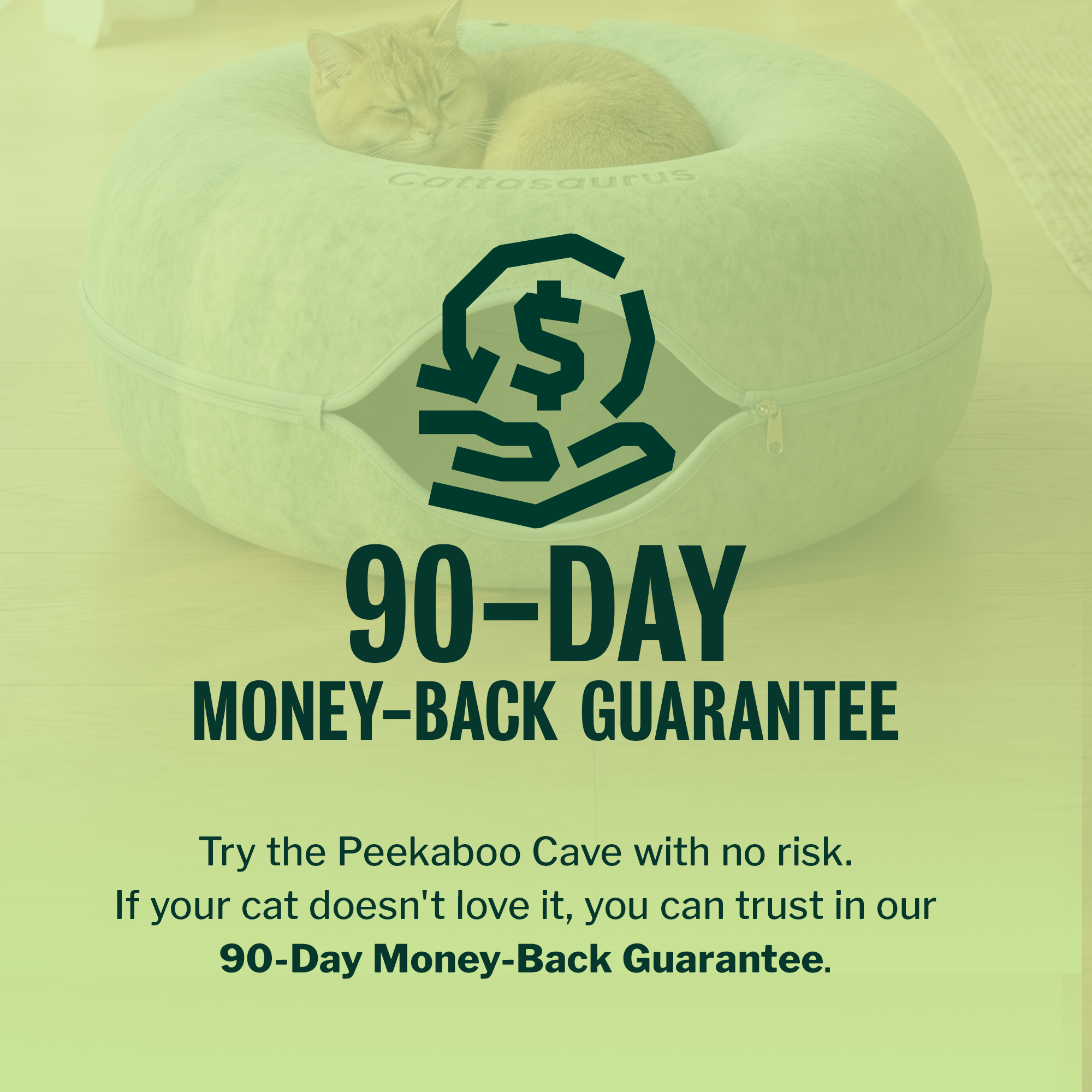 A cat sleeps in a round bed with text overlay advertising a 90-day money-back guarantee.