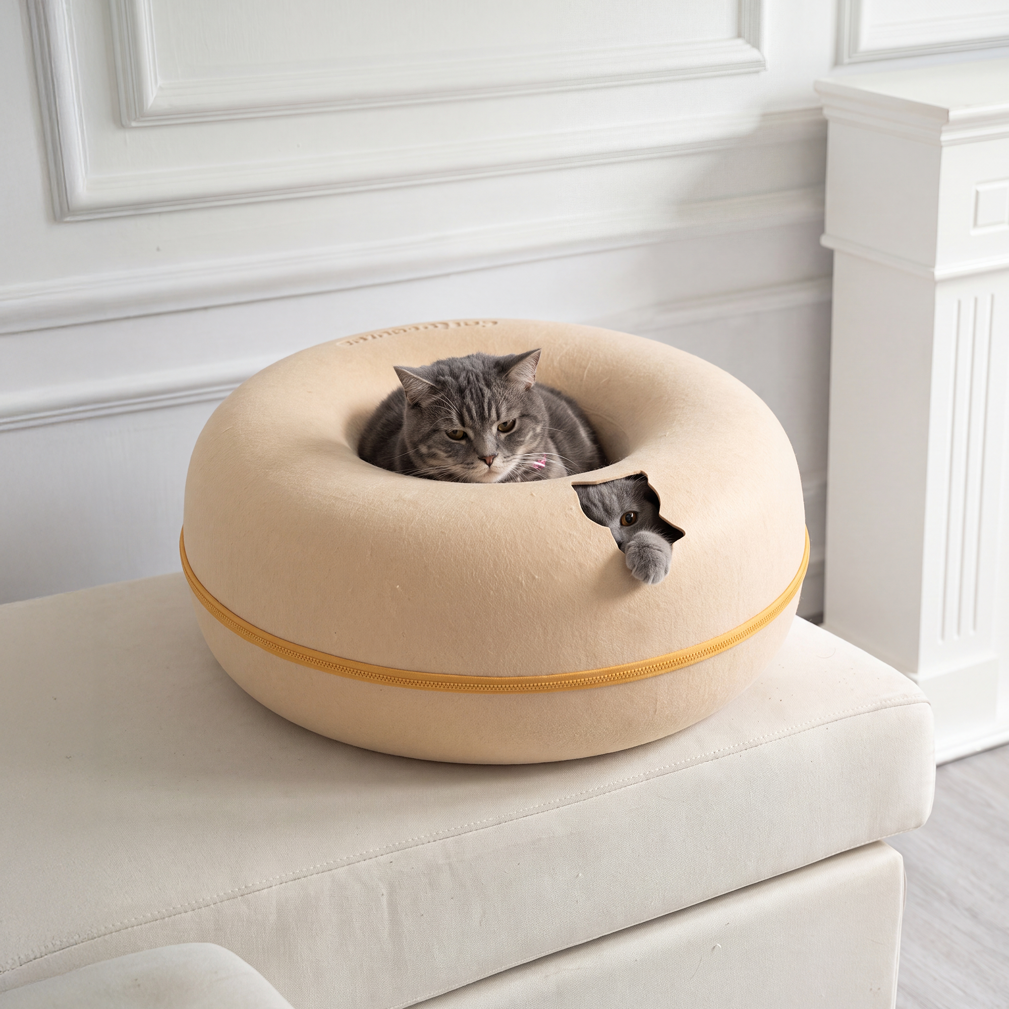 A grey cat rests in a donut-shaped bed while another cat peeks out from a side hole.