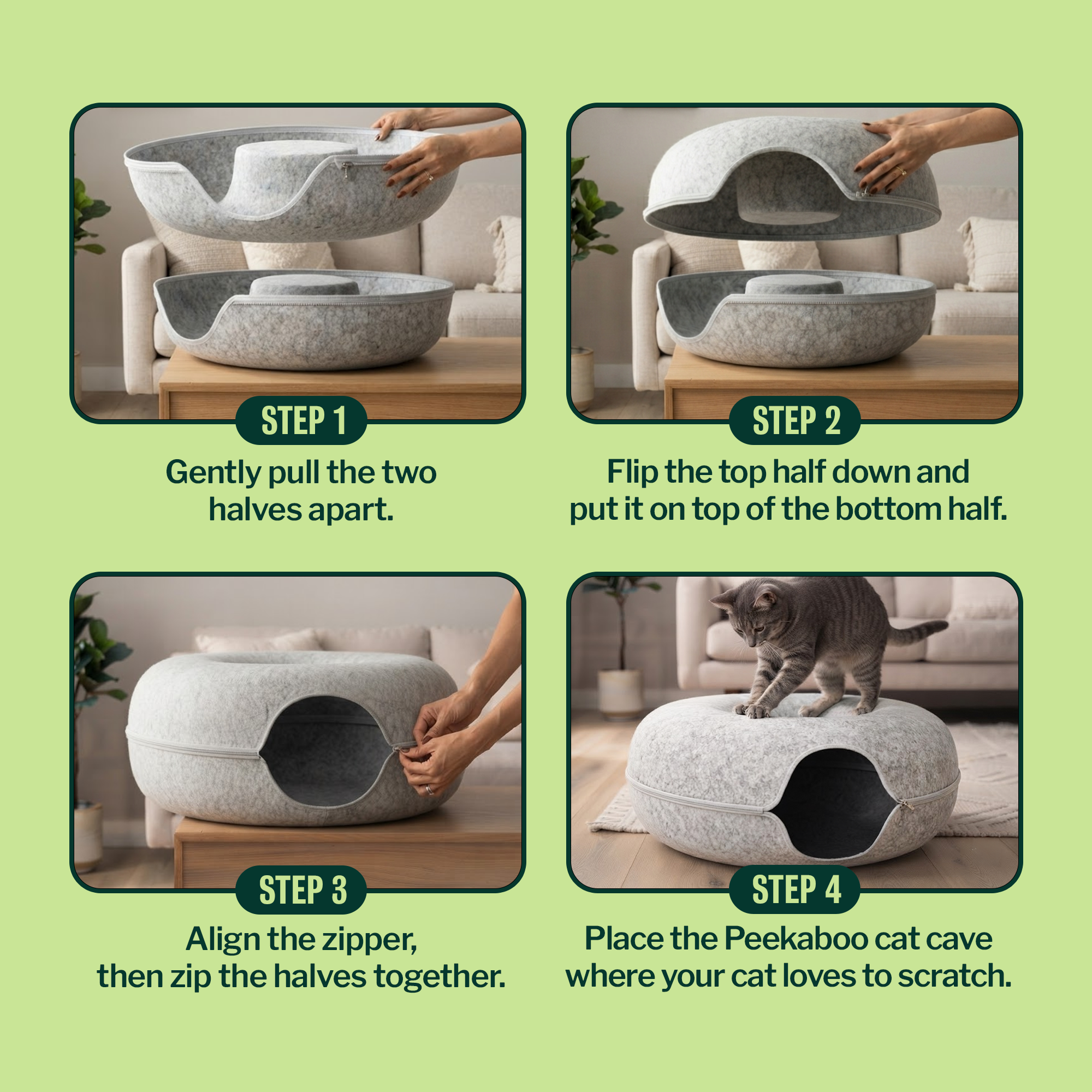 A four-step infographic showing how to assemble a grey felt cat cave, with a cat on the final product.