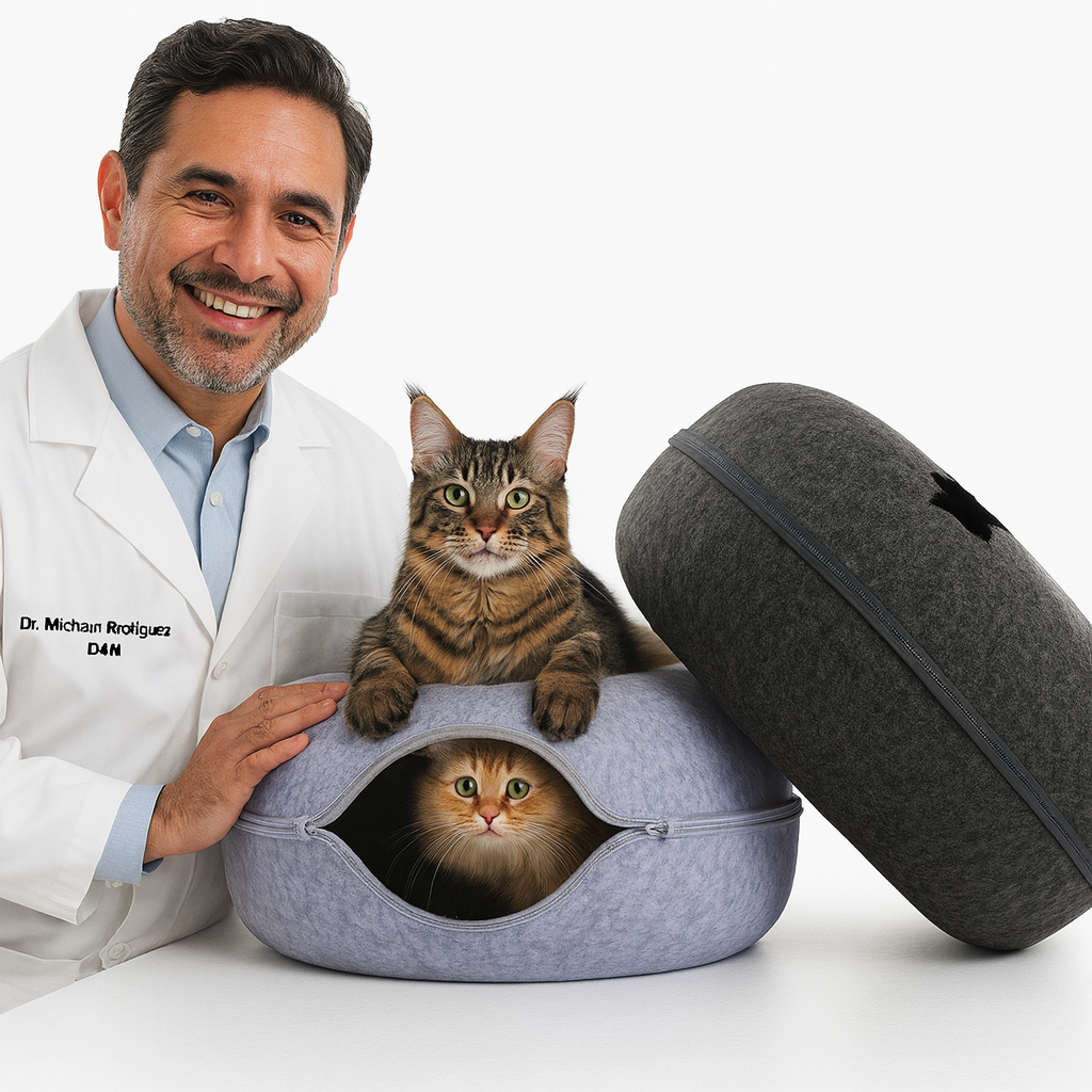 Man in lab coat with two cats in a pet carrier.
