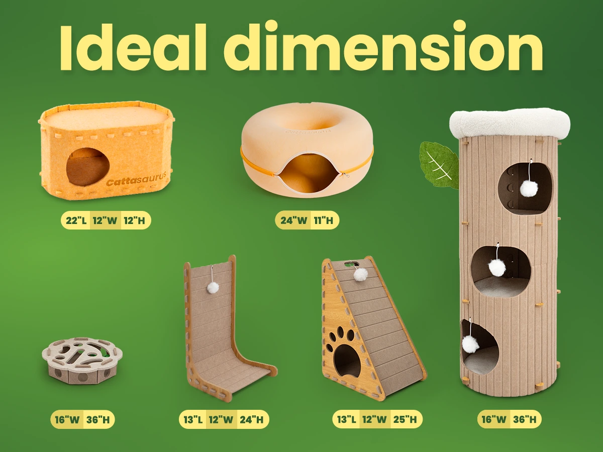 Various pet furniture items with dimensions on a green background.