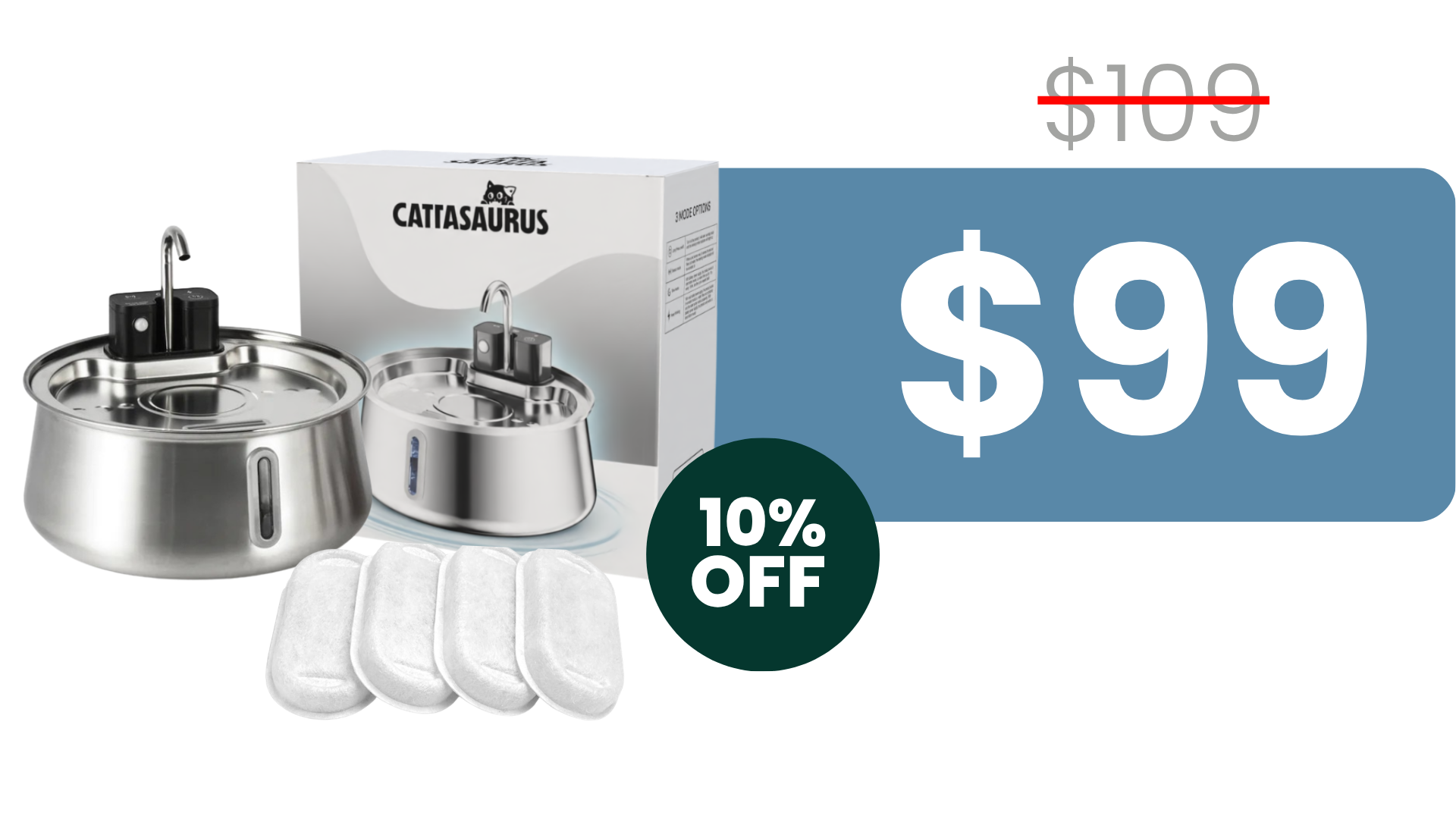 A Cattasaurus stainless steel pet water fountain with its box, filters, and a sale price of $99.