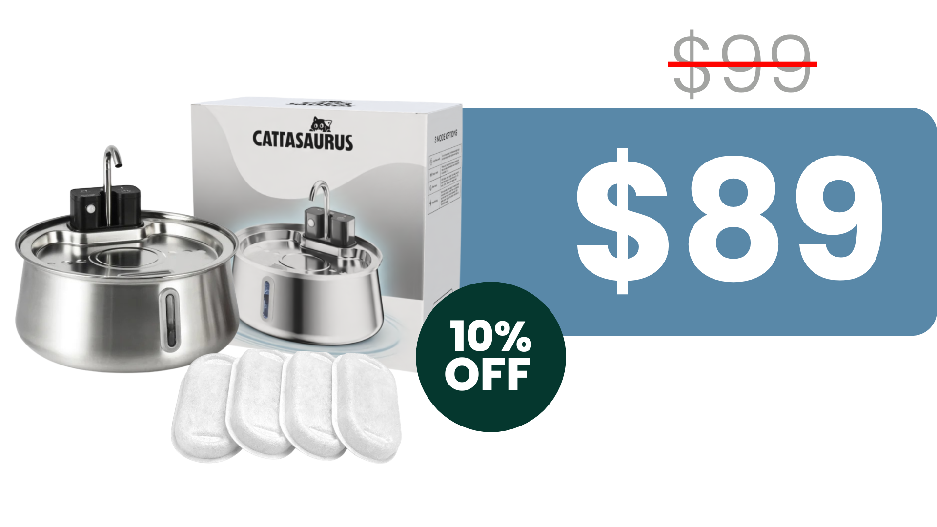 A Cattasaurus stainless steel pet water fountain with its box, filters, and sale price of $89.