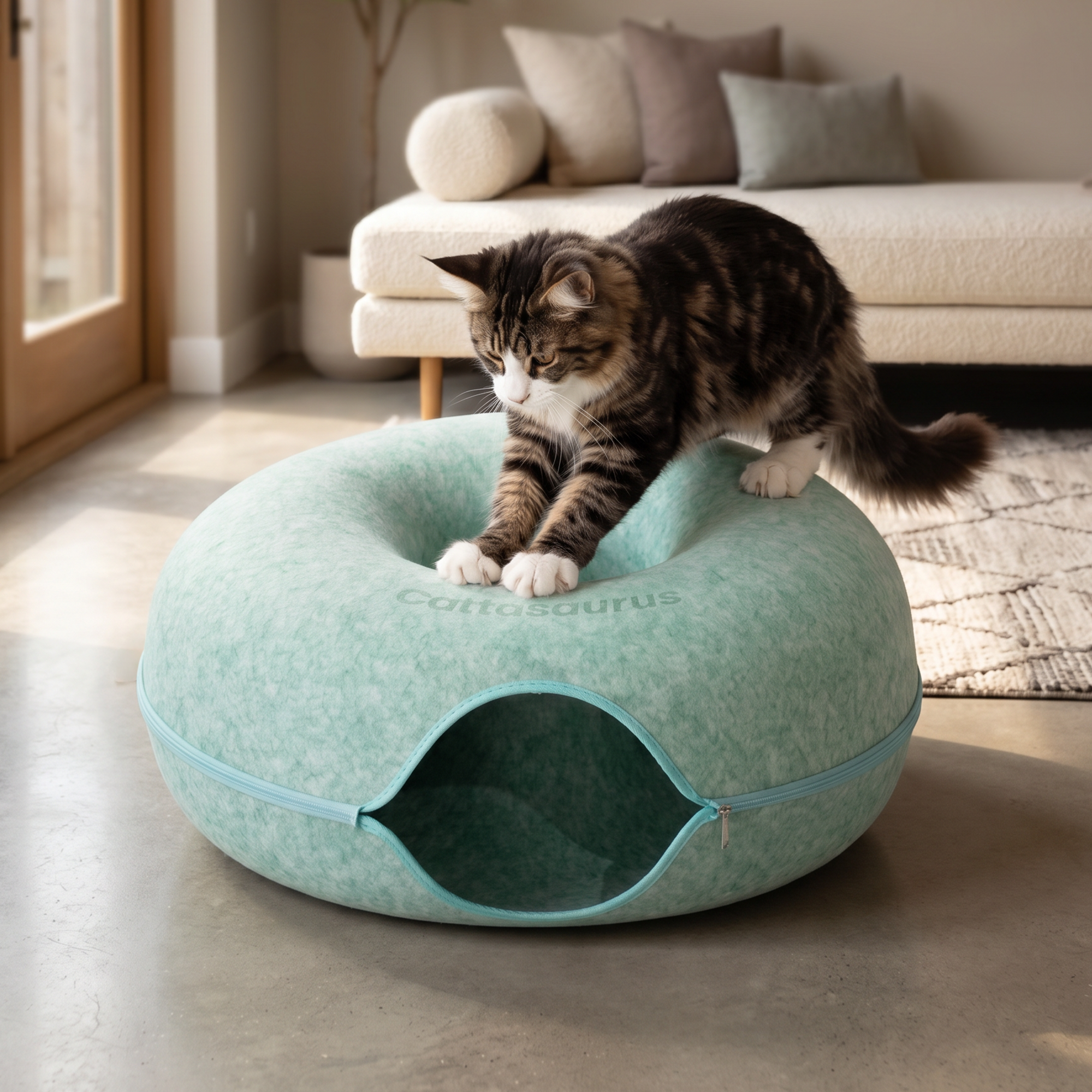 A fluffy tabby cat stretches its paws on a mint green donut-shaped cat bed in a living room.