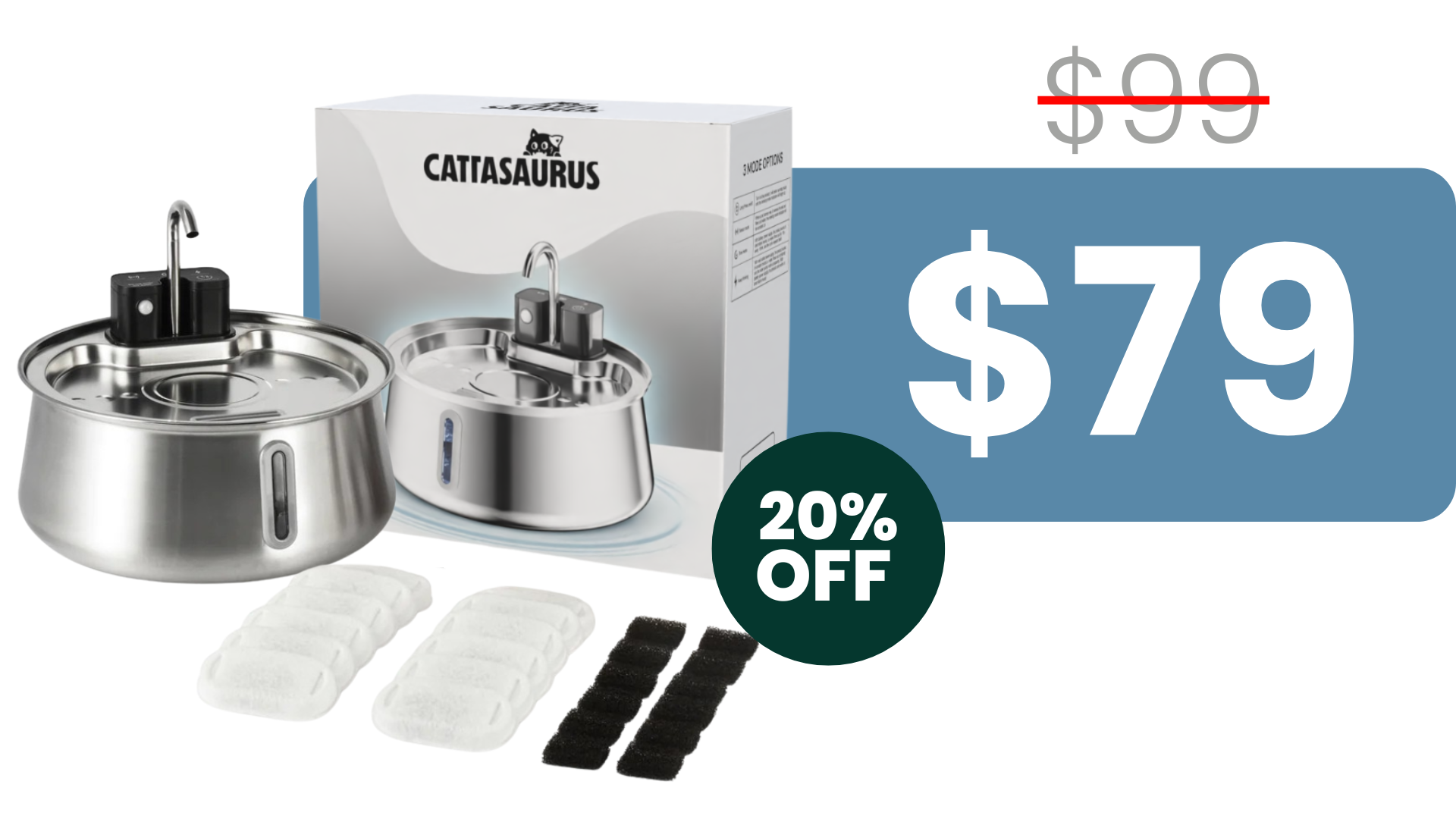 A Cattasaurus pet water fountain with its box and filters, advertised for $79, which is 20% off.