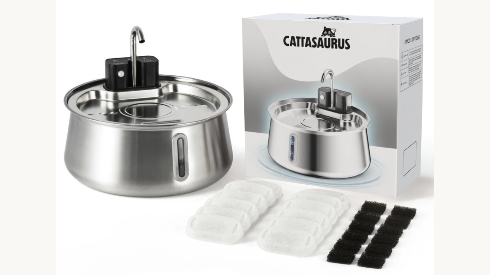 A stainless steel cat water fountain, its packaging, and replacement filters on a white background.
