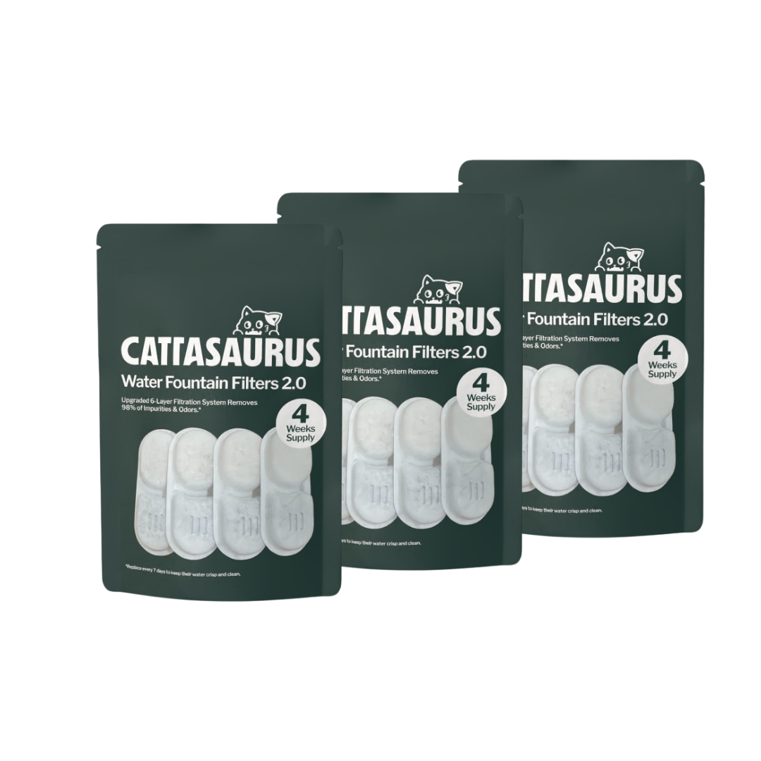 Three dark green pouches of Cattasaurus Water Fountain Filters 2.0 against a white background.