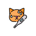 Illustration of a sad cat holding a thermometer with sweat drops.