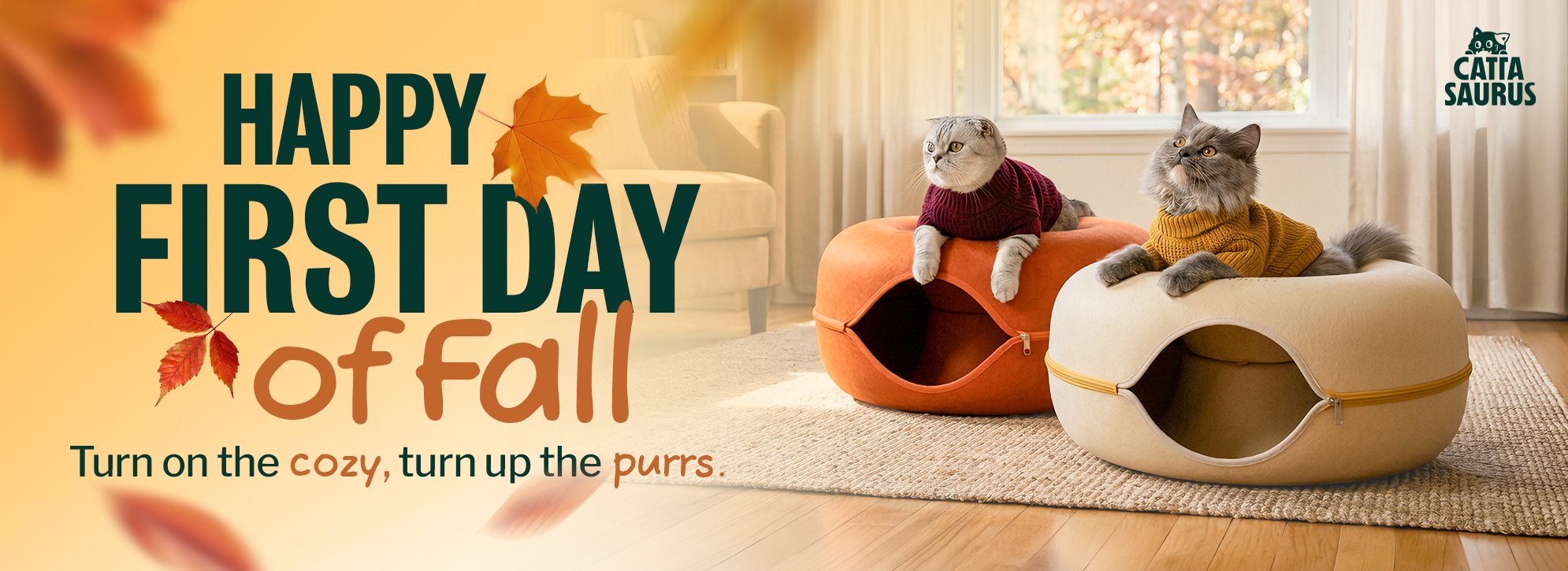 'It's Fall Y'all' promotional banner with a cat being petted on a fluffy bed.
