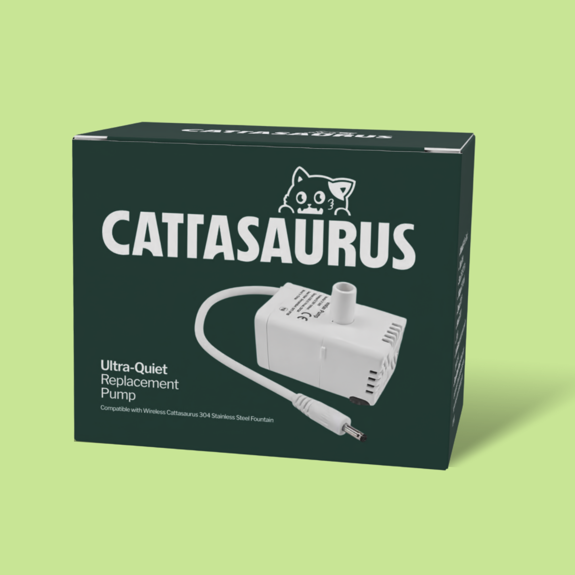 A dark green box for a Cattasaurus ultra-quiet replacement pump, with an image of the pump on it.