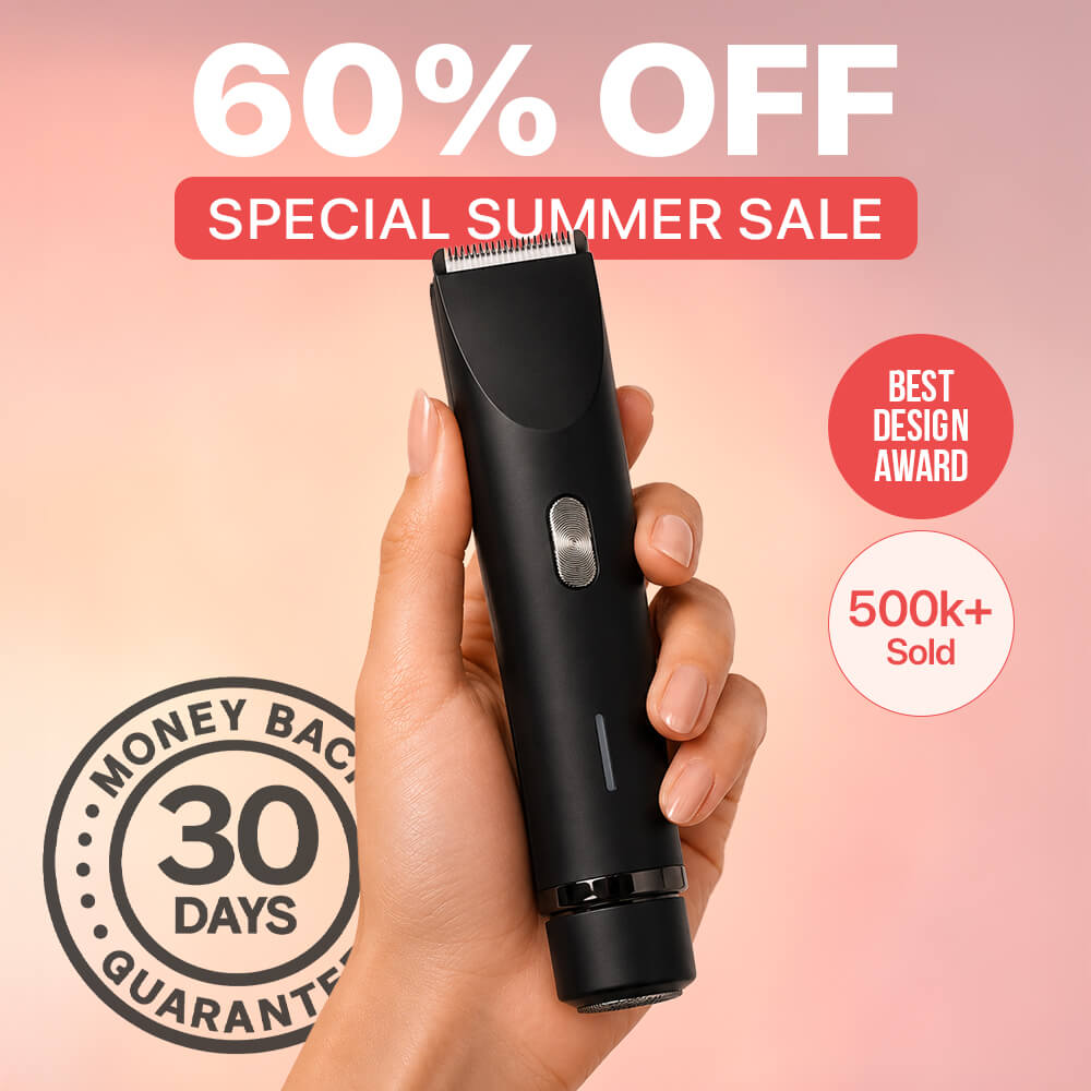 A hand holding a black electric hair trimmer, with promotional text for a summer sale and awards.