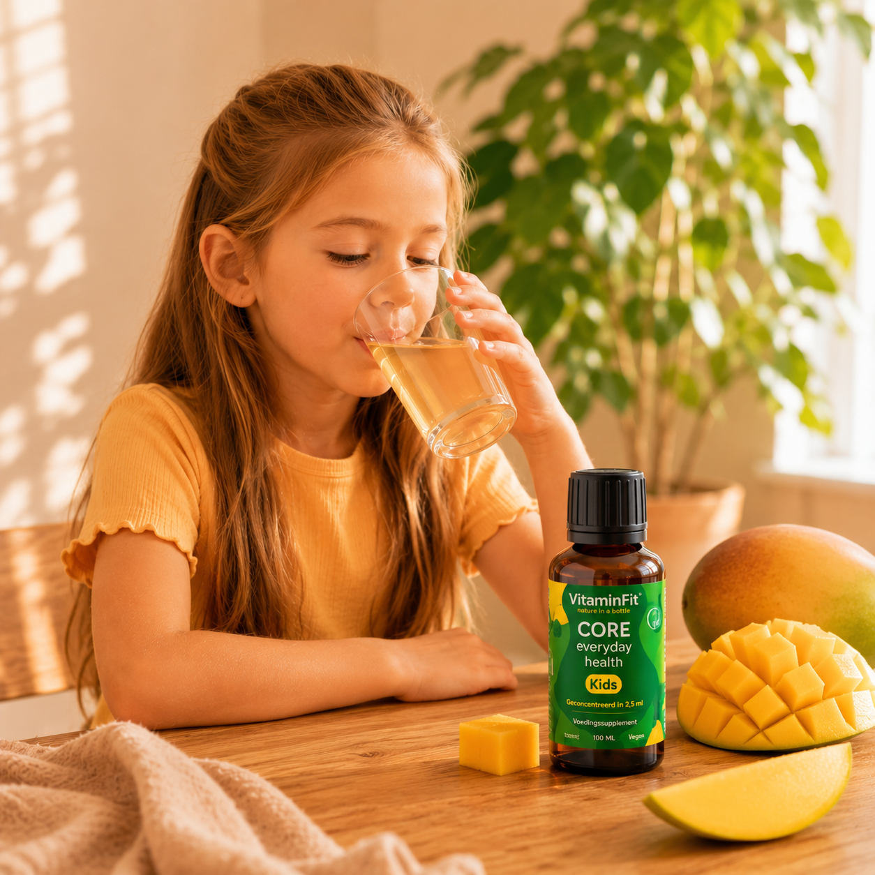 A young girl in a yellow shirt drinks from a glass next to a bottle of vitamins and mangoes.