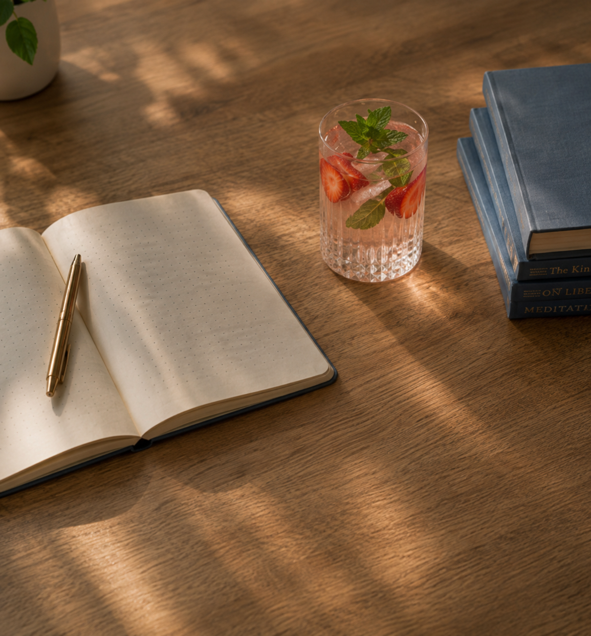 An open notebook, a pen, a glass of strawberry water, and a stack of books on a desk.