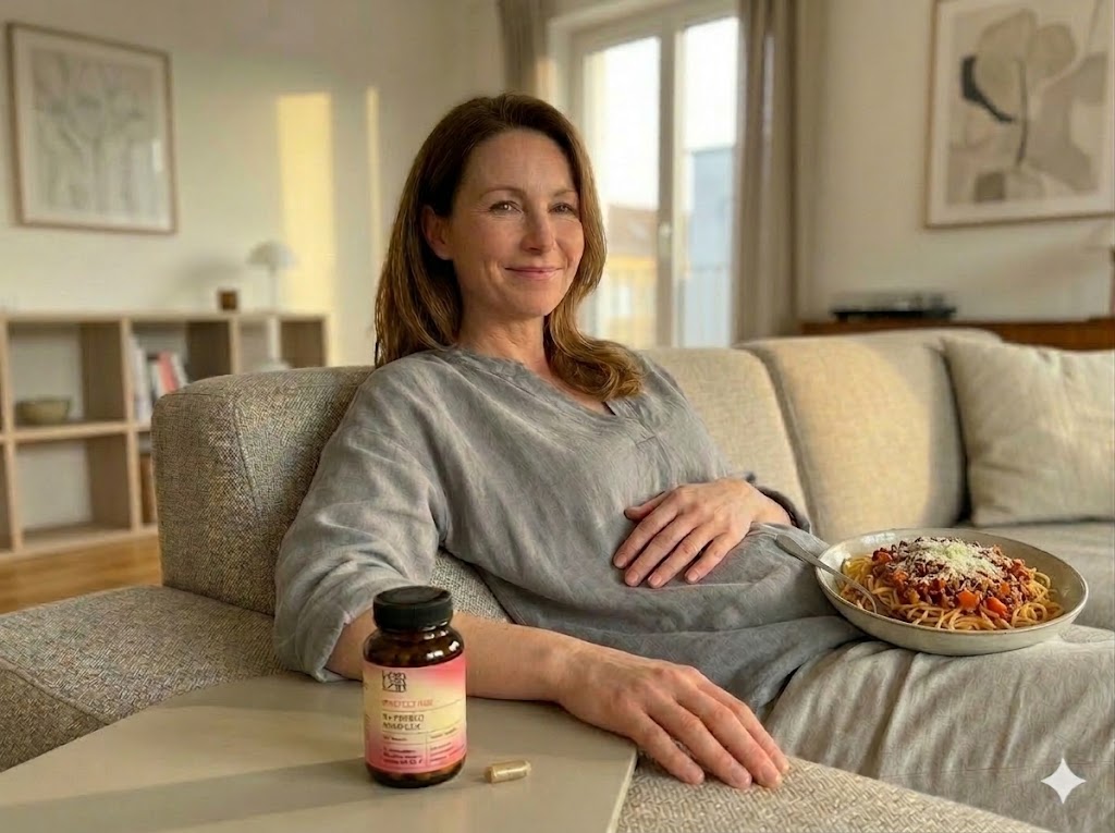 A pregnant woman sits on a couch with a bowl of spaghetti and a bottle of supplements.