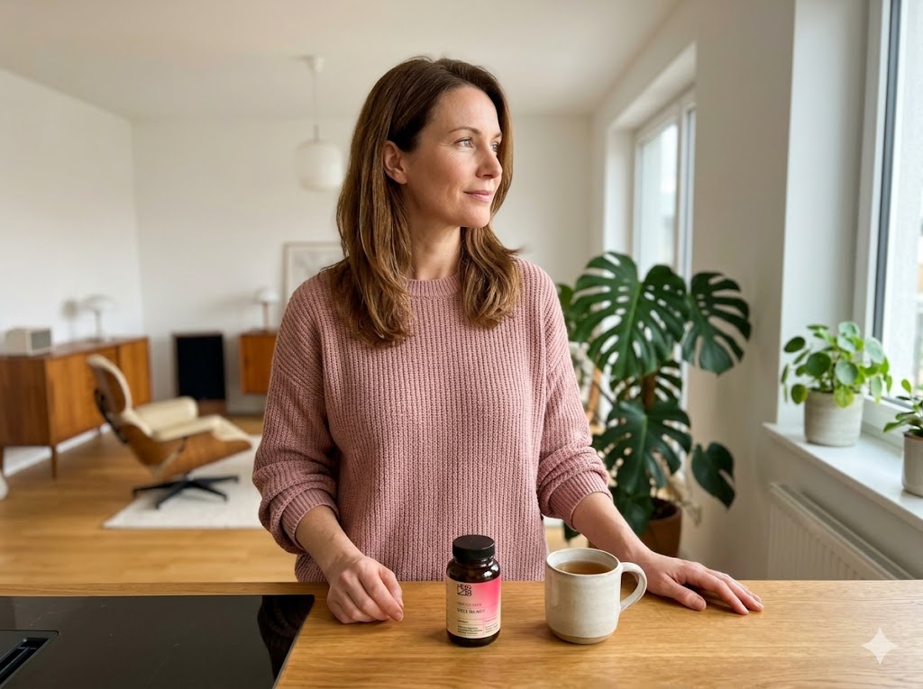 A woman in a pink sweater stands at a kitchen counter with a mug and a supplement bottle.