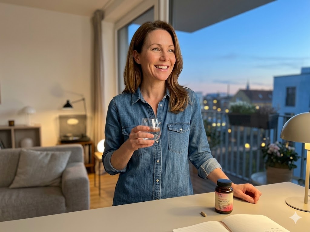 A smiling woman in a denim shirt holds a glass of water, looking out from a balcony.