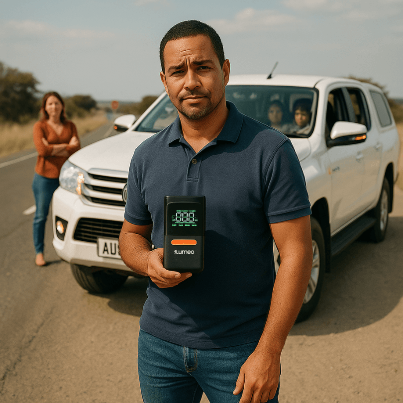 Man holding a device in front of a white SUV on a road.
