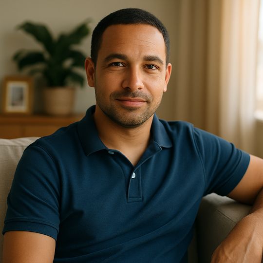 Man in a blue shirt sitting on a couch, with a plant in the background.