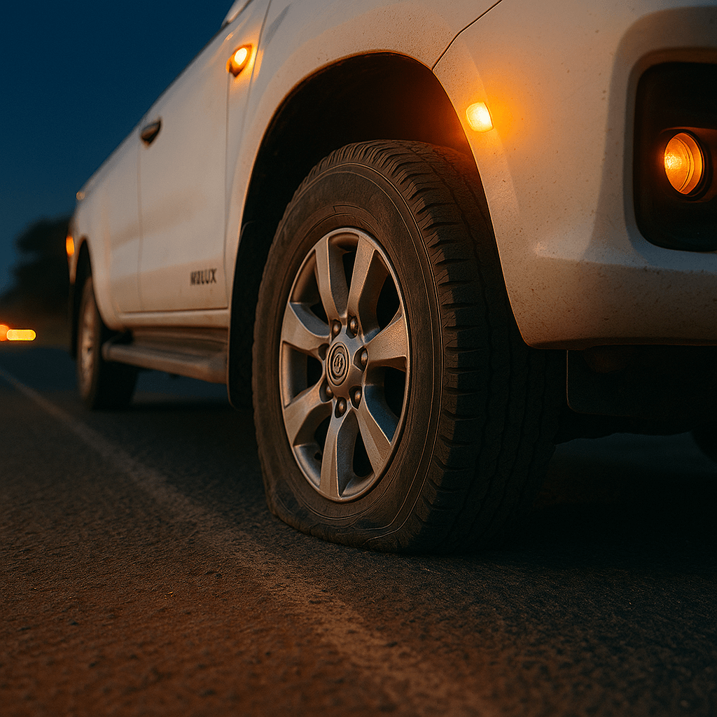 Close-up of a white vehicle's flat tire on a road at dusk.
