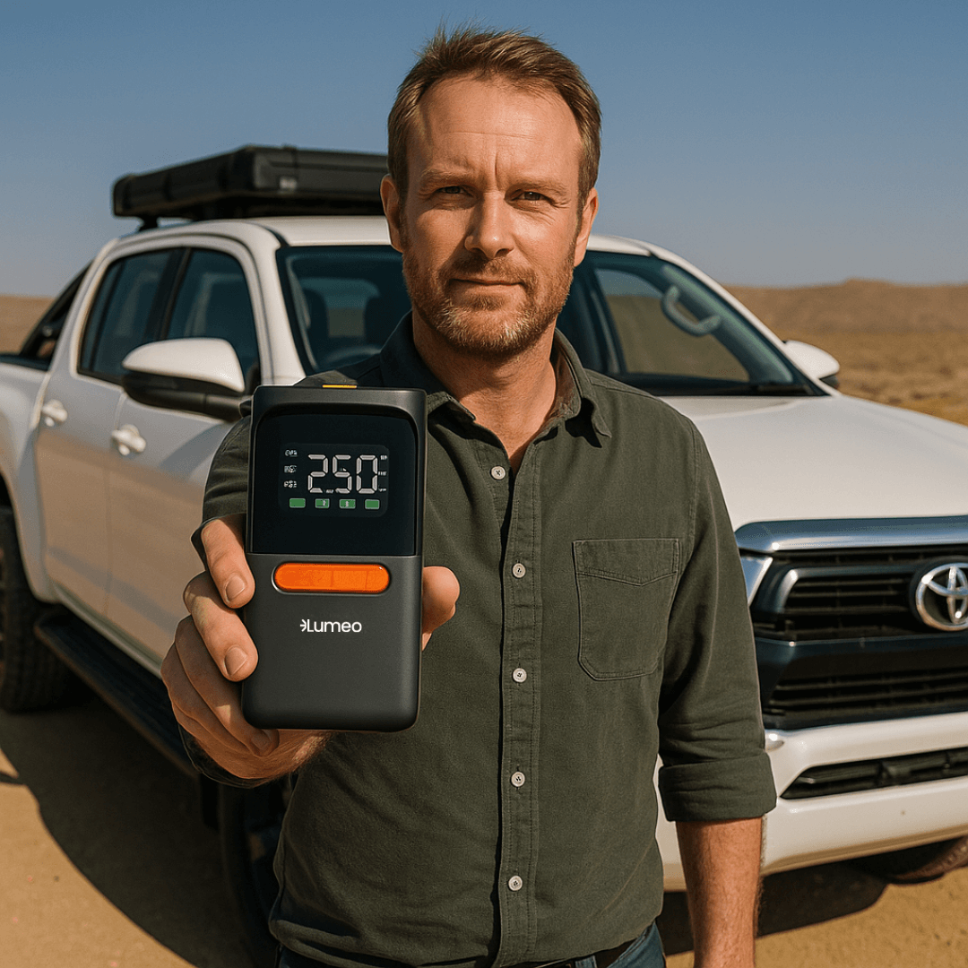 Man holding a device displaying 25.0°C, standing in front of a white truck.