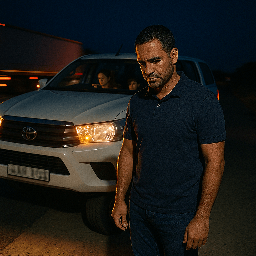 Man standing in front of a white car at night, with two people inside.