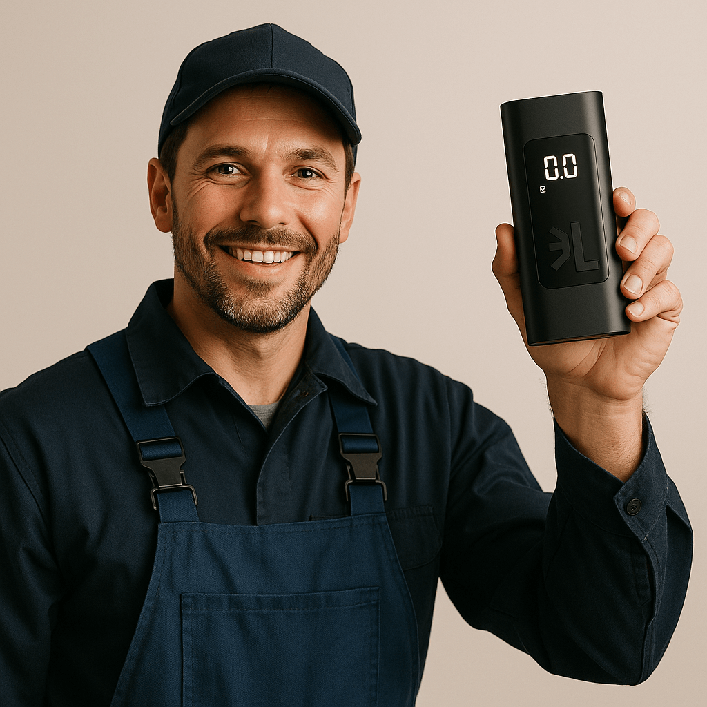 Man in blue uniform holding a digital device with a display showing '0.0'.