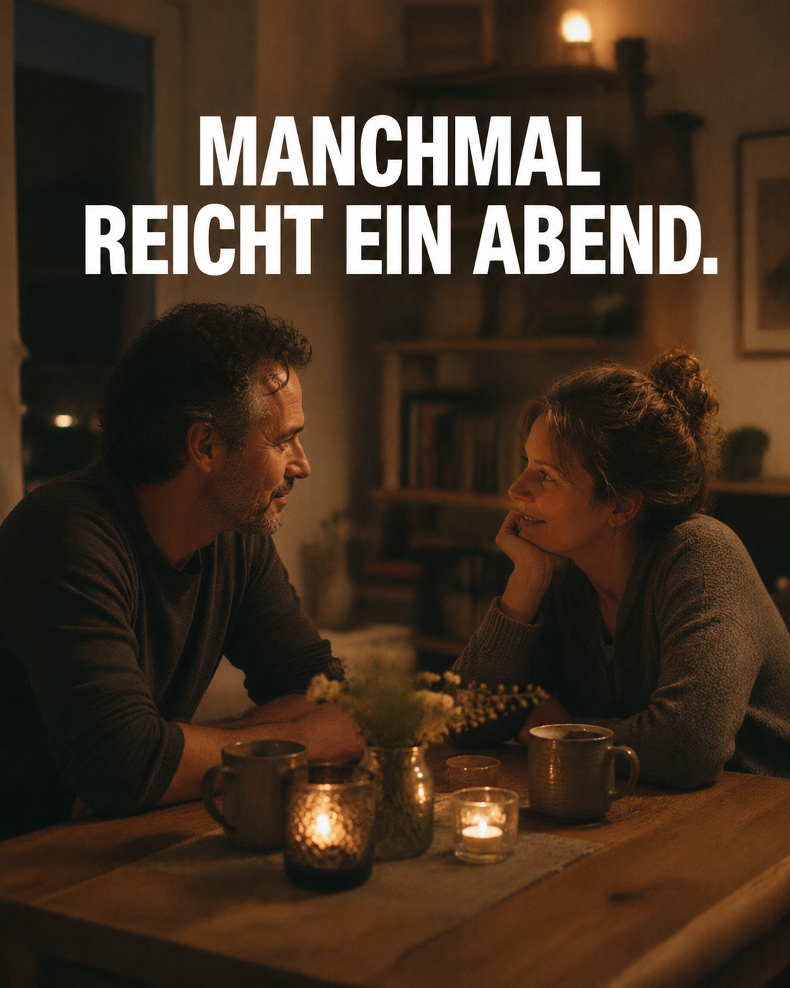 A man and a woman sit across from each other at a candlelit table, with German text above.