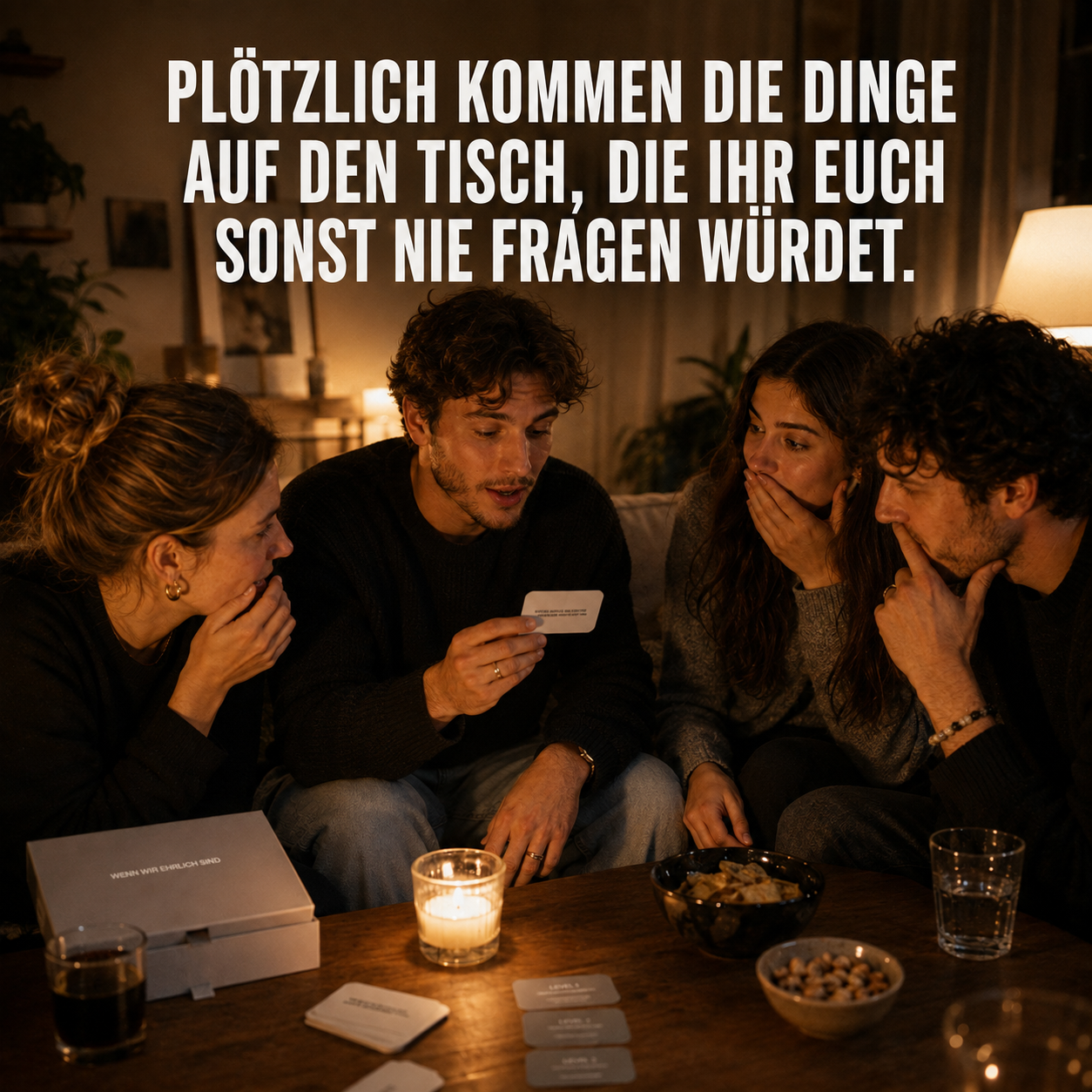 Four young adults sit around a candlelit table, intently playing a card game in a dimly lit room.