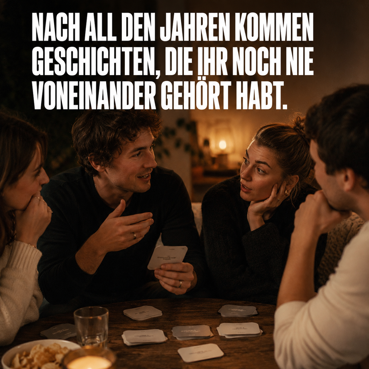 Four friends sit around a table in a warmly lit room, playing a card game together.