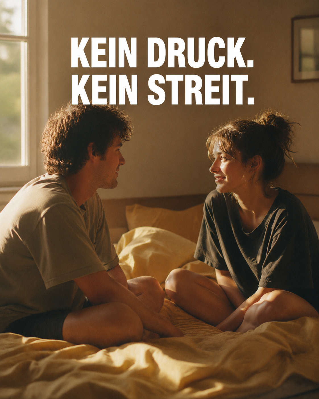 A man and a woman sit on a bed looking at each other, with German text overlaid on the image.